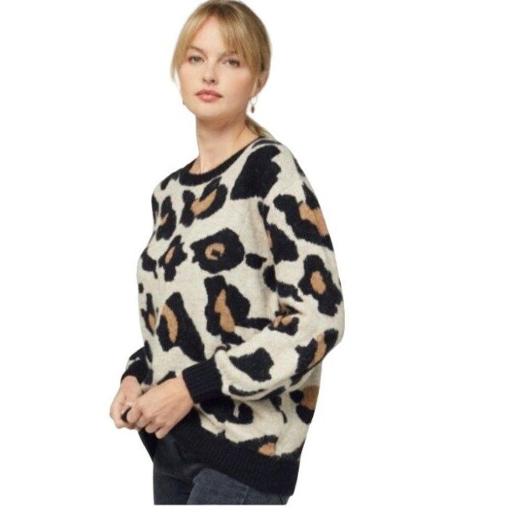 Entro Leopard Cheetah Knit Animal Print Balloon Sleeve Cozy Sweater Top - Picture 4 of 9